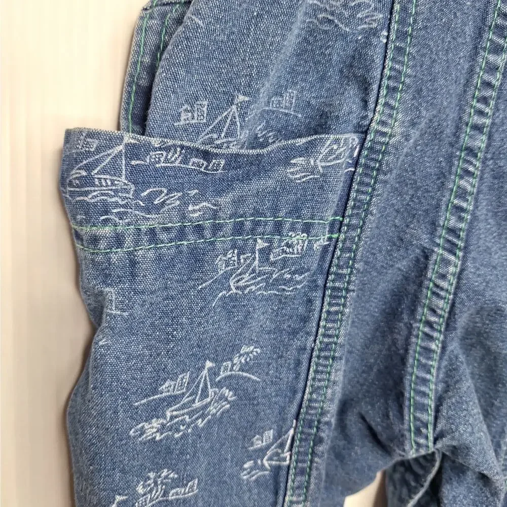 Vintage OshKosh B'Gosh Vestbak Baby Denim Sailboat Bubble Bib Overall 6-9 mo USA